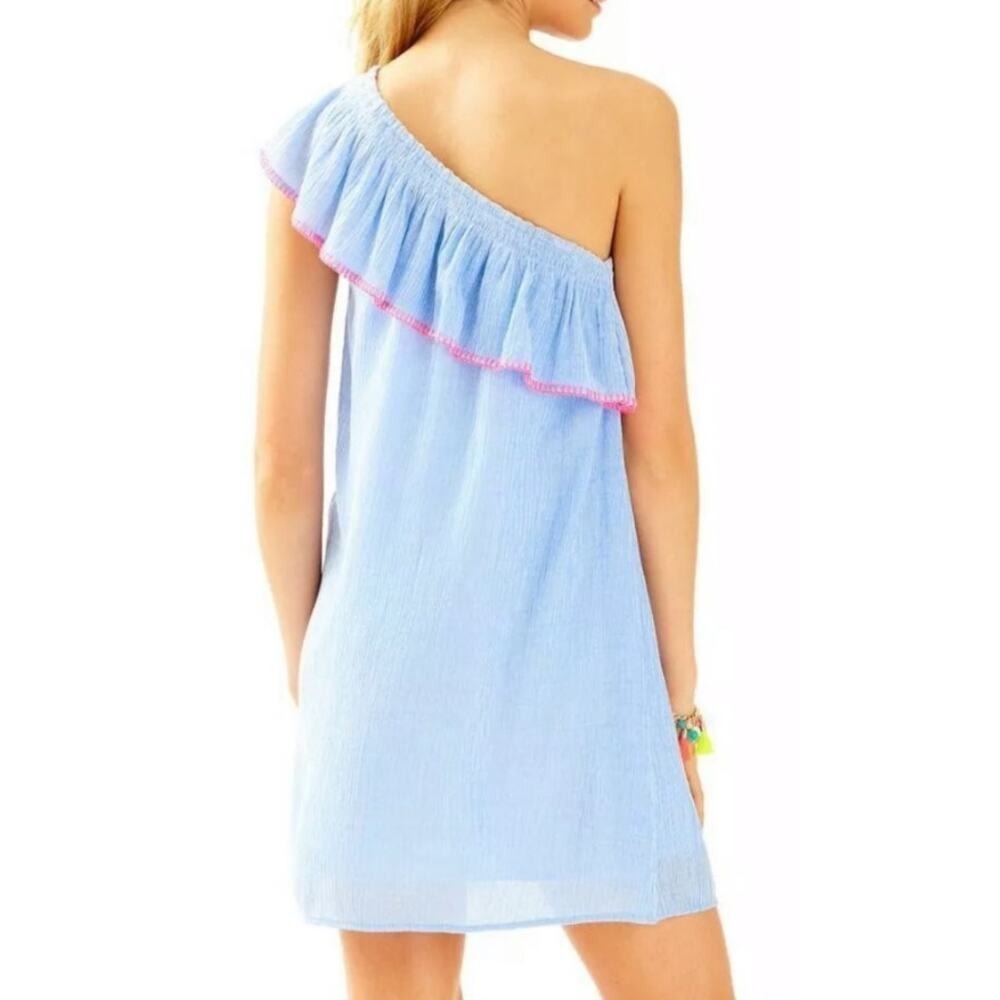 LILLY PULITZER Emmeline Dress Seersucker Lapis Blue Off One Shoulder Mini Sz S - Picture 2 of 9